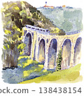 Watercolor Painting of Stone Bridge and Landscape 138438154