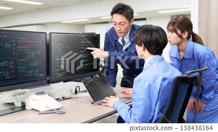 Engineers discussing source code in a system development environment. 138438164