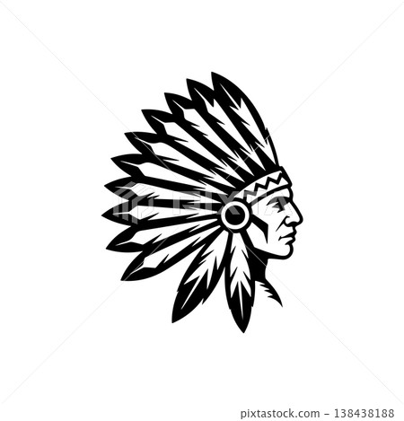 A profile black and white vector logo of a Native American man wearing a traditional feathered war bonnet (headdress), symbolizing pride, heritage, and history. A profile black and white vector logo of a Native American man wearing a traditional feathered war bonnet (headdress), symbolizing pride, heritage, and history. 138438188