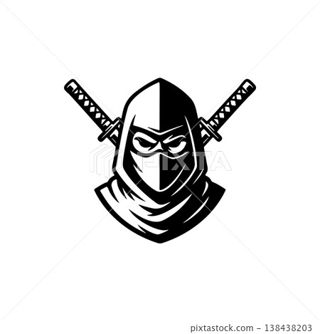A stealthy black and white vector logo of a ninja warrior with crossed katanas, symbolizing secrecy, martial arts, strength, and discipline. 138438203