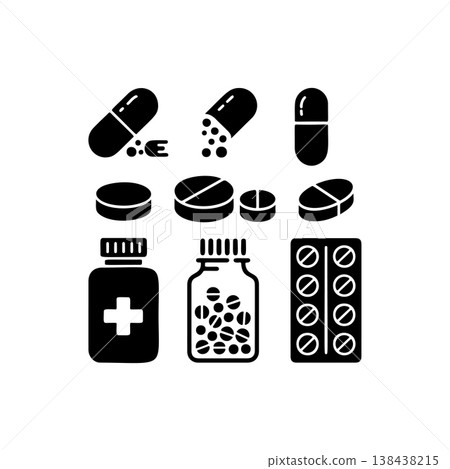 A set of black and white vector icons representing various pills, capsules, and medicine bottles, symbolizing pharmacy, healthcare, treatment, and pain relief. A set of black and white vector icons representing various pills, capsules, and medicine bottles, symbolizing pharmacy, healthcare, treatment, and pain relief. 138438215