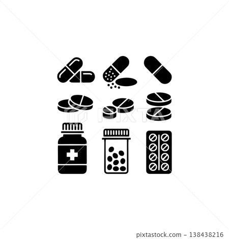 A set of black and white vector icons representing various pills, capsules, and medicine bottles, symbolizing pharmacy, healthcare, treatment, and pain relief. A set of black and white vector icons representing various pills, capsules, and medicine bottles, symbolizing pharmacy, healthcare, treatment, and pain relief. 138438216