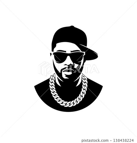 A cool black and white vector logo of a male rapper wearing a baseball cap, sunglasses, and thick gold chain, symbolizing hip-hop culture and music. 138438224