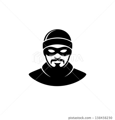 A black and white vector icon of a man in a beanie and mask, with a beard/mustache, symbolizing a robber, thief, or criminal activity and danger. A black and white vector icon of a man in a beanie and mask, with a beard/mustache, symbolizing a robber, thief, or criminal activity and danger. 138438230