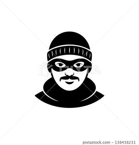 A black and white vector icon of a man in a beanie and mask, with a beard/mustache, symbolizing a robber, thief, or criminal activity and danger. A black and white vector icon of a man in a beanie and mask, with a beard/mustache, symbolizing a robber, thief, or criminal activity and danger. 138438231