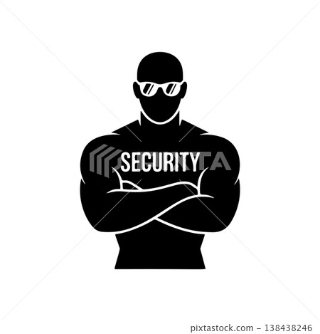 A strong, muscular security guard wearing a tactical vest and sunglasses with crossed arms. A bold black and white vector icon symbolizing protection and authority. A strong, muscular security guard wearing a tactical vest and sunglasses with crossed arms. A bold black and white vector icon symbolizing protection and authority. 138438246