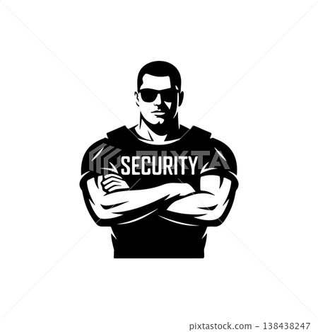 A strong, muscular security guard wearing a tactical vest and sunglasses with crossed arms. A bold black and white vector icon symbolizing protection and authority. A strong, muscular security guard wearing a tactical vest and sunglasses with crossed arms. A bold black and white vector icon symbolizing protection and authority. 138438247