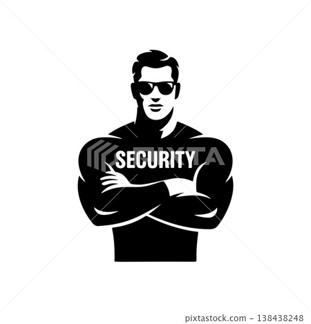 A strong, muscular security guard wearing a tactical vest and sunglasses with crossed arms. A bold black and white vector icon symbolizing protection and authority. A strong, muscular security guard wearing a tactical vest and sunglasses with crossed arms. A bold black and white vector icon symbolizing protection and authority. 138438248