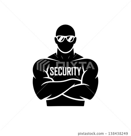 A strong, muscular security guard wearing a tactical vest and sunglasses with crossed arms. A bold black and white vector icon symbolizing protection and authority. A strong, muscular security guard wearing a tactical vest and sunglasses with crossed arms. A bold black and white vector icon symbolizing protection and authority. 138438249