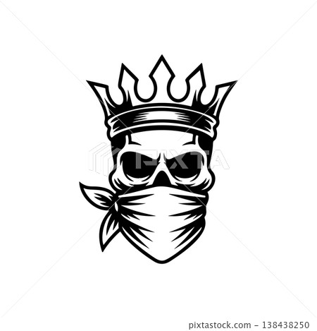 A fierce black and white vector logo of a human skull wearing a royal crown and a bandanna covering the lower face, symbolizing rebellious royalty or power. A fierce black and white vector logo of a human skull wearing a royal crown and a bandanna covering the lower face, symbolizing rebellious royalty or power. 138438250