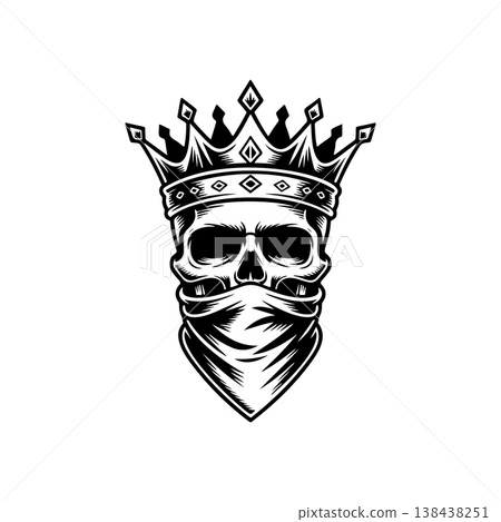 A fierce black and white vector logo of a human skull wearing a royal crown and a bandanna covering the lower face, symbolizing rebellious royalty or power. A fierce black and white vector logo of a human skull wearing a royal crown and a bandanna covering the lower face, symbolizing rebellious royalty or power. 138438251