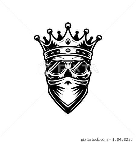 A fierce black and white vector logo of a human skull wearing a royal crown and a bandanna covering the lower face, symbolizing rebellious royalty or power. A fierce black and white vector logo of a human skull wearing a royal crown and a bandanna covering the lower face, symbolizing rebellious royalty or power. 138438253