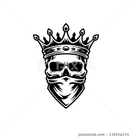 A fierce black and white vector logo of a human skull wearing a royal crown and a bandanna covering the lower face, symbolizing rebellious royalty or power. 138438254