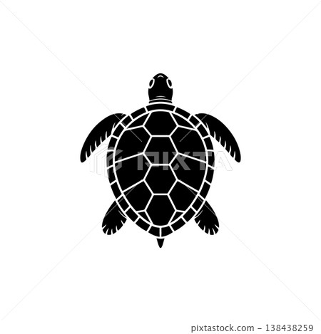 A striking black and white vector icon of a sea turtle viewed from above, featuring a hexagonal pattern on its shell, symbolizing nature, slow movement, and conservation. 138438259