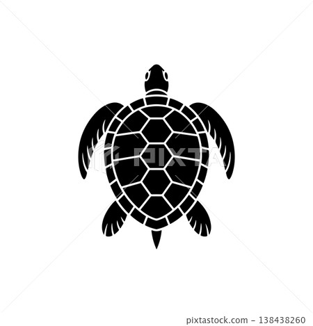 A striking black and white vector icon of a sea turtle viewed from above, featuring a hexagonal pattern on its shell, symbolizing nature, slow movement, and conservation. A striking black and white vector icon of a sea turtle viewed from above, featuring a hexagonal pattern on its shell, symbolizing nature, slow movement, and conservation. 138438260