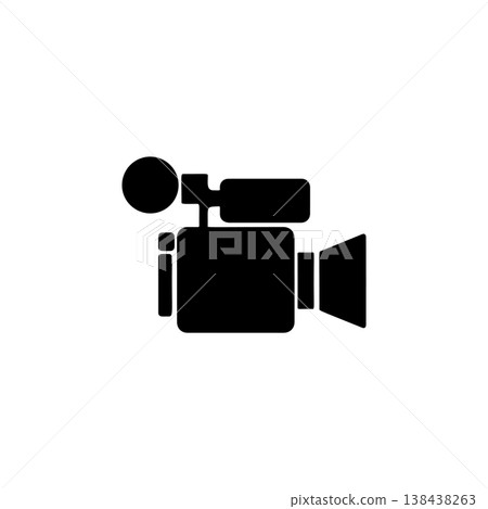 A bold black and white vector icon of a camcorder or video camera, symbolizing filming, recording, broadcasting, media production, and content creation. A bold black and white vector icon of a camcorder or video camera, symbolizing filming, recording, broadcasting, media production, and content creation. 138438263