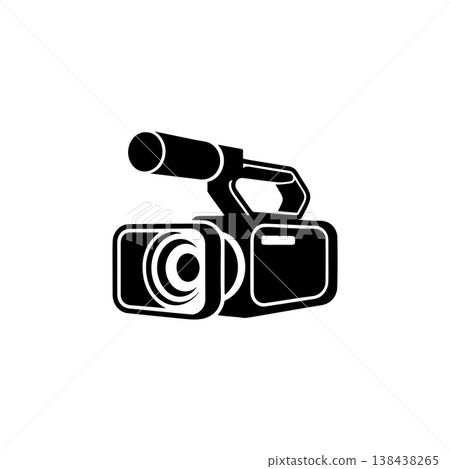 A bold black and white vector icon of a camcorder or video camera, symbolizing filming, recording, broadcasting, media production, and content creation. A bold black and white vector icon of a camcorder or video camera, symbolizing filming, recording, broadcasting, media production, and content creation. 138438265