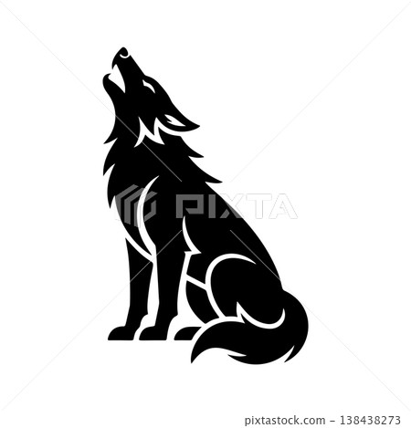 A striking black and white vector logo of a wolf howling upwards while seated, symbolizing freedom, nature, wilderness, and the pack spirit. A striking black and white vector logo of a wolf howling upwards while seated, symbolizing freedom, nature, wilderness, and the pack spirit. 138438273