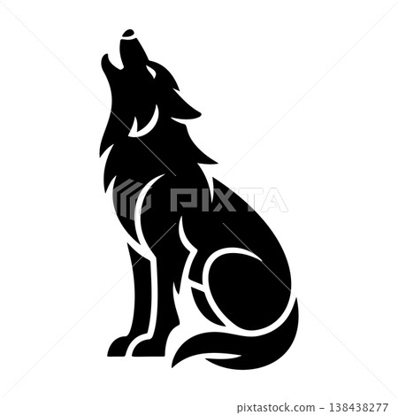 A striking black and white vector logo of a wolf howling upwards while seated, symbolizing freedom, nature, wilderness, and the pack spirit. 138438277