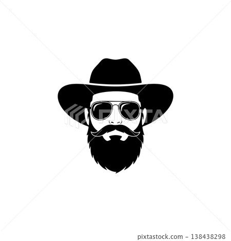 A cool black and white vector logo of a bearded cowboy wearing a wide-brimmed hat and aviator sunglasses, symbolizing the Wild West, style, and adventure. A cool black and white vector logo of a bearded cowboy wearing a wide-brimmed hat and aviator sunglasses, symbolizing the Wild West, style, and adventure. 138438298