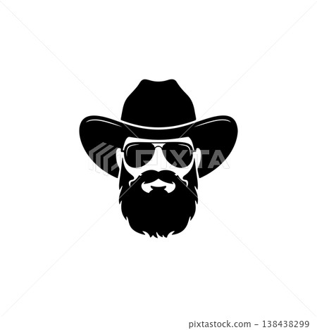 A cool black and white vector logo of a bearded cowboy wearing a wide-brimmed hat and aviator sunglasses, symbolizing the Wild West, style, and adventure. A cool black and white vector logo of a bearded cowboy wearing a wide-brimmed hat and aviator sunglasses, symbolizing the Wild West, style, and adventure. 138438299