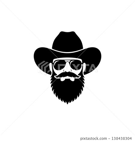 A cool black and white vector logo of a bearded cowboy wearing a wide-brimmed hat and aviator sunglasses, symbolizing the Wild West, style, and adventure. A cool black and white vector logo of a bearded cowboy wearing a wide-brimmed hat and aviator sunglasses, symbolizing the Wild West, style, and adventure. 138438304