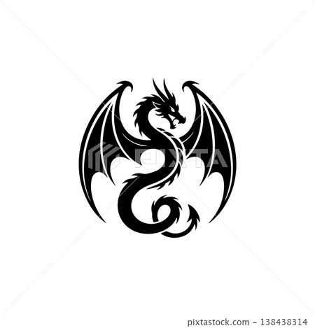 A powerful black and white vector logo of a fierce flying dragon with large wings and a serpent body, perfect for a gaming, fantasy, or aggressive brand. A powerful black and white vector logo of a fierce flying dragon with large wings and a serpent body, perfect for a gaming, fantasy, or aggressive brand. 138438314