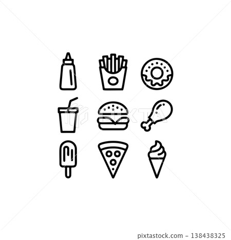 A set of nine bold black and white outline vector icons representing popular fast food items like a burger, fries, pizza slice, donut, and soft serve ice cream. A set of nine bold black and white outline vector icons representing popular fast food items like a burger, fries, pizza slice, donut, and soft serve ice cream. 138438325