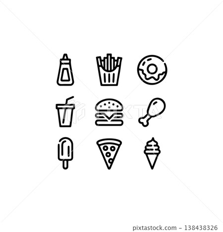 A set of nine bold black and white outline vector icons representing popular fast food items like a burger, fries, pizza slice, donut, and soft serve ice cream. A set of nine bold black and white outline vector icons representing popular fast food items like a burger, fries, pizza slice, donut, and soft serve ice cream. 138438326