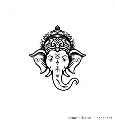 A detailed black and white vector outline of the Hindu deity Ganesha's head, adorned with an ornate crown, symbolizing wisdom, good fortune, and success. A detailed black and white vector outline of the Hindu deity Ganesha's head, adorned with an ornate crown, symbolizing wisdom, good fortune, and success. 138438331