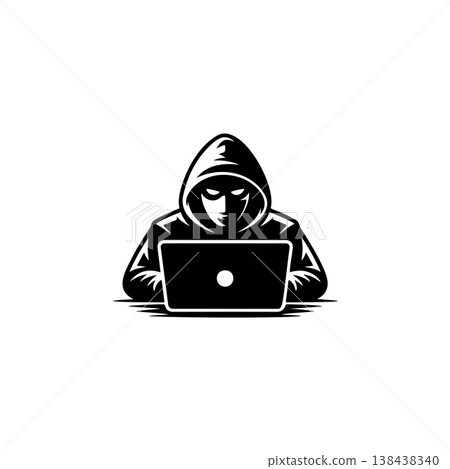 A striking black and white vector icon of a hooded figure wearing a mask and working on a laptop, symbolizing cyber security, hacking, and anonymity. A striking black and white vector icon of a hooded figure wearing a mask and working on a laptop, symbolizing cyber security, hacking, and anonymity. 138438340
