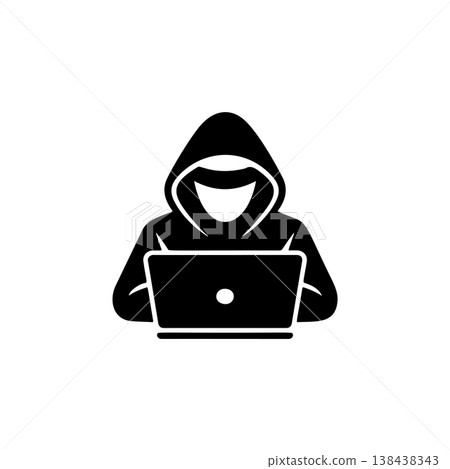 A striking black and white vector icon of a hooded figure wearing a mask and working on a laptop, symbolizing cyber security, hacking, and anonymity. A striking black and white vector icon of a hooded figure wearing a mask and working on a laptop, symbolizing cyber security, hacking, and anonymity. 138438343