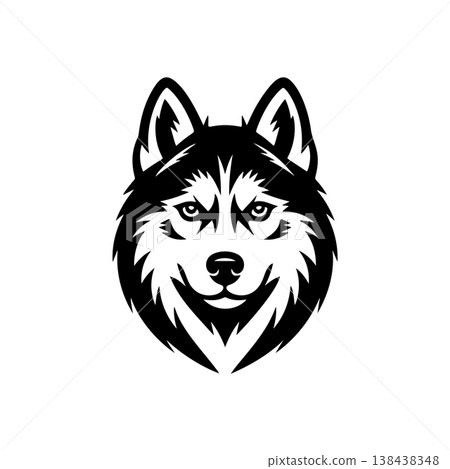 A bold black and white vector logo of a Siberian Husky or wolf's head, symbolizing loyalty, endurance, arctic wildlife, and pack mentality. 138438348