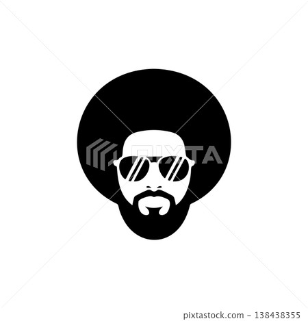 A cool black and white vector logo of a man's head with a large afro haircut, beard, and aviator sunglasses, symbolizing retro style, music, and coolness. A cool black and white vector logo of a man's head with a large afro haircut, beard, and aviator sunglasses, symbolizing retro style, music, and coolness. 138438355