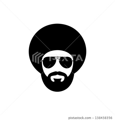 A cool black and white vector logo of a man's head with a large afro haircut, beard, and aviator sunglasses, symbolizing retro style, music, and coolness. A cool black and white vector logo of a man's head with a large afro haircut, beard, and aviator sunglasses, symbolizing retro style, music, and coolness. 138438356