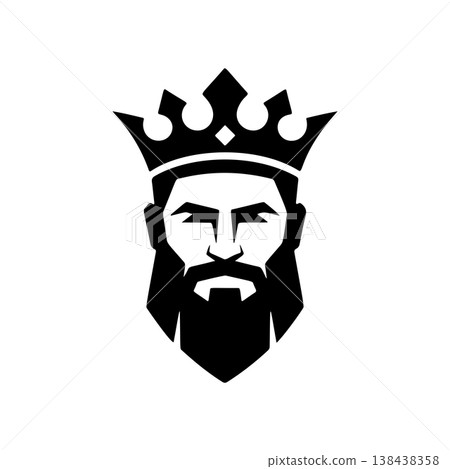 A profile black and white vector logo of a strong, bearded king wearing a royal crown, symbolizing monarchy, authority, power, and high status. A profile black and white vector logo of a strong, bearded king wearing a royal crown, symbolizing monarchy, authority, power, and high status. 138438358