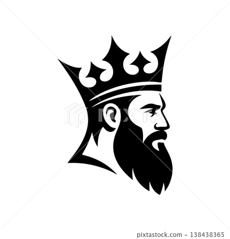 A profile black and white vector logo of a strong, bearded king wearing a royal crown, symbolizing monarchy, authority, power, and high status. 138438365