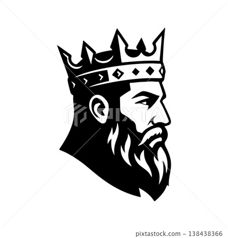 A profile black and white vector logo of a strong, bearded king wearing a royal crown, symbolizing monarchy, authority, power, and high status. A profile black and white vector logo of a strong, bearded king wearing a royal crown, symbolizing monarchy, authority, power, and high status. 138438366