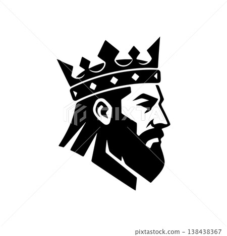A profile black and white vector logo of a strong, bearded king wearing a royal crown, symbolizing monarchy, authority, power, and high status. A profile black and white vector logo of a strong, bearded king wearing a royal crown, symbolizing monarchy, authority, power, and high status. 138438367