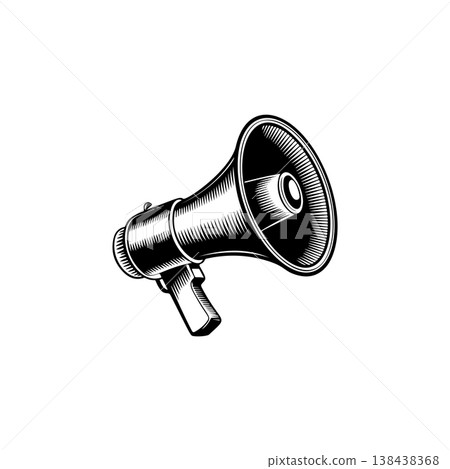 A retro-style, black and white vector graphic of a megaphone or bullhorn, symbolizing communication, protest, announcement, attention, and urgency. 138438368