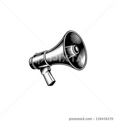 A retro-style, black and white vector graphic of a megaphone or bullhorn, symbolizing communication, protest, announcement, attention, and urgency. A retro-style, black and white vector graphic of a megaphone or bullhorn, symbolizing communication, protest, announcement, attention, and urgency. 138438370