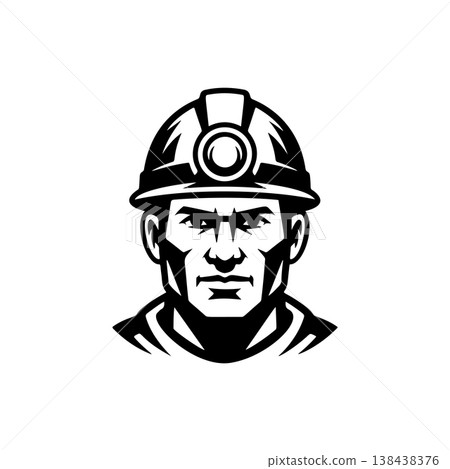 A strong black and white vector logo of a focused miner or construction worker wearing a hard hat with a headlamp, symbolizing hard work and industry. A strong black and white vector logo of a focused miner or construction worker wearing a hard hat with a headlamp, symbolizing hard work and industry. 138438376