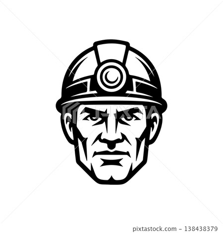 A strong black and white vector logo of a focused miner or construction worker wearing a hard hat with a headlamp, symbolizing hard work and industry. 138438379