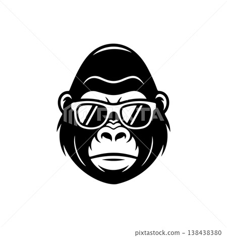 A cool, bold black and white vector logo of a gorilla or monkey's face wearing sunglasses, ideal for a contemporary brand, music label, or trendy apparel design. A cool, bold black and white vector logo of a gorilla or monkey's face wearing sunglasses, ideal for a contemporary brand, music label, or trendy apparel design. 138438380