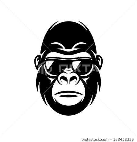A cool, bold black and white vector logo of a gorilla or monkey's face wearing sunglasses, ideal for a contemporary brand, music label, or trendy apparel design. A cool, bold black and white vector logo of a gorilla or monkey's face wearing sunglasses, ideal for a contemporary brand, music label, or trendy apparel design. 138438382