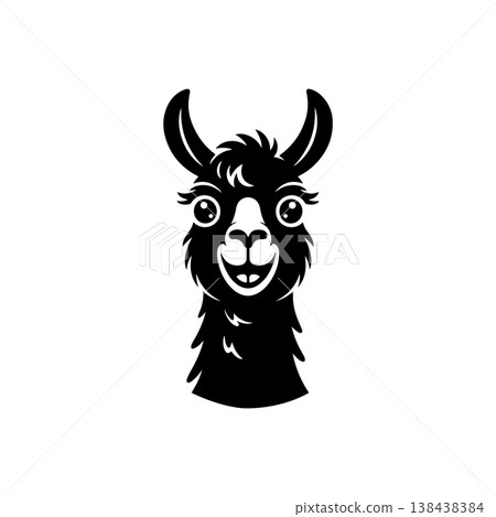 A cute, black and white vector logo of a smiling alpaca or llama head with big eyes and fluffy fur, ideal for a cheerful brand or children's design. A cute, black and white vector logo of a smiling alpaca or llama head with big eyes and fluffy fur, ideal for a cheerful brand or children's design. 138438384