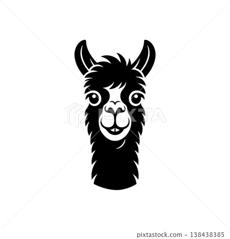 A cute, black and white vector logo of a smiling alpaca or llama head with big eyes and fluffy fur, ideal for a cheerful brand or children's design. 138438385