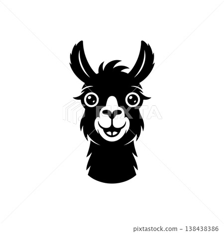 A cute, black and white vector logo of a smiling alpaca or llama head with big eyes and fluffy fur, ideal for a cheerful brand or children's design. 138438386