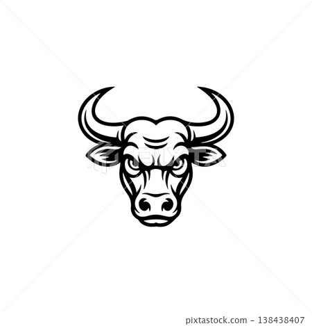 A fierce black and white vector logo of a bull or buffalo head with large horns, symbolizing strength, aggression, power, and a dominant force. 138438407
