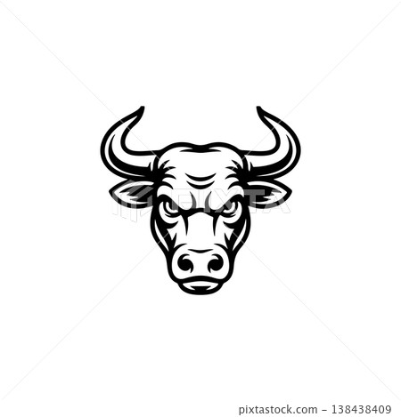 A fierce black and white vector logo of a bull or buffalo head with large horns, symbolizing strength, aggression, power, and a dominant force. A fierce black and white vector logo of a bull or buffalo head with large horns, symbolizing strength, aggression, power, and a dominant force. 138438409